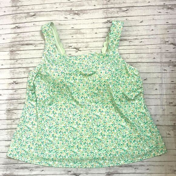 Lands' End Womens Size 18W Green Floral Tankini Swim Top Padded Scallop Strap - Picture 1 of 6